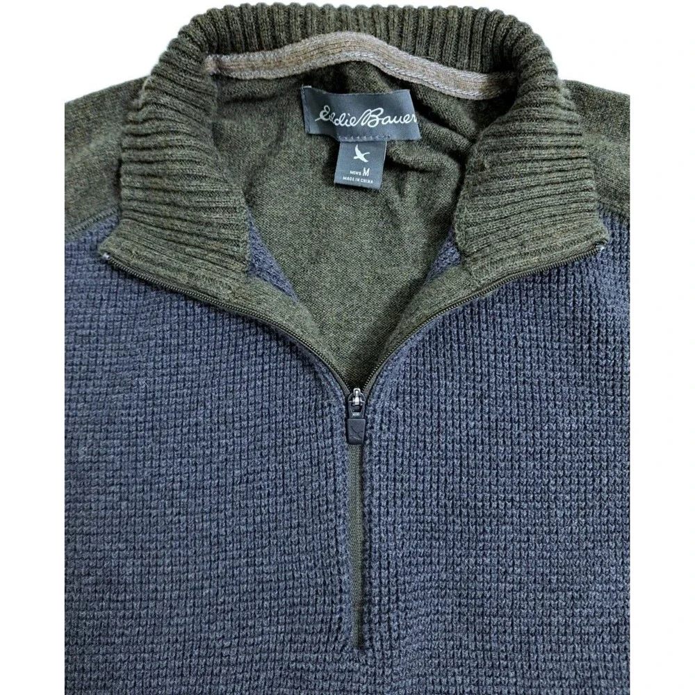 Eddie Bauer Merino Wool Blend Zip Pullover Knit Sweater Men's Medium Green Gray